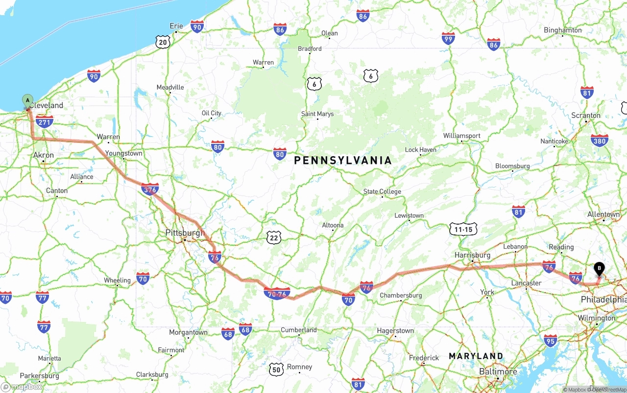 Shipping route from Cleveland to Phoenix