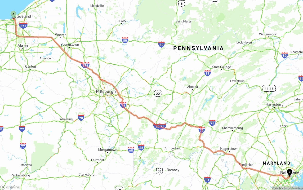 Shipping route from Cleveland to Port of Baltimore