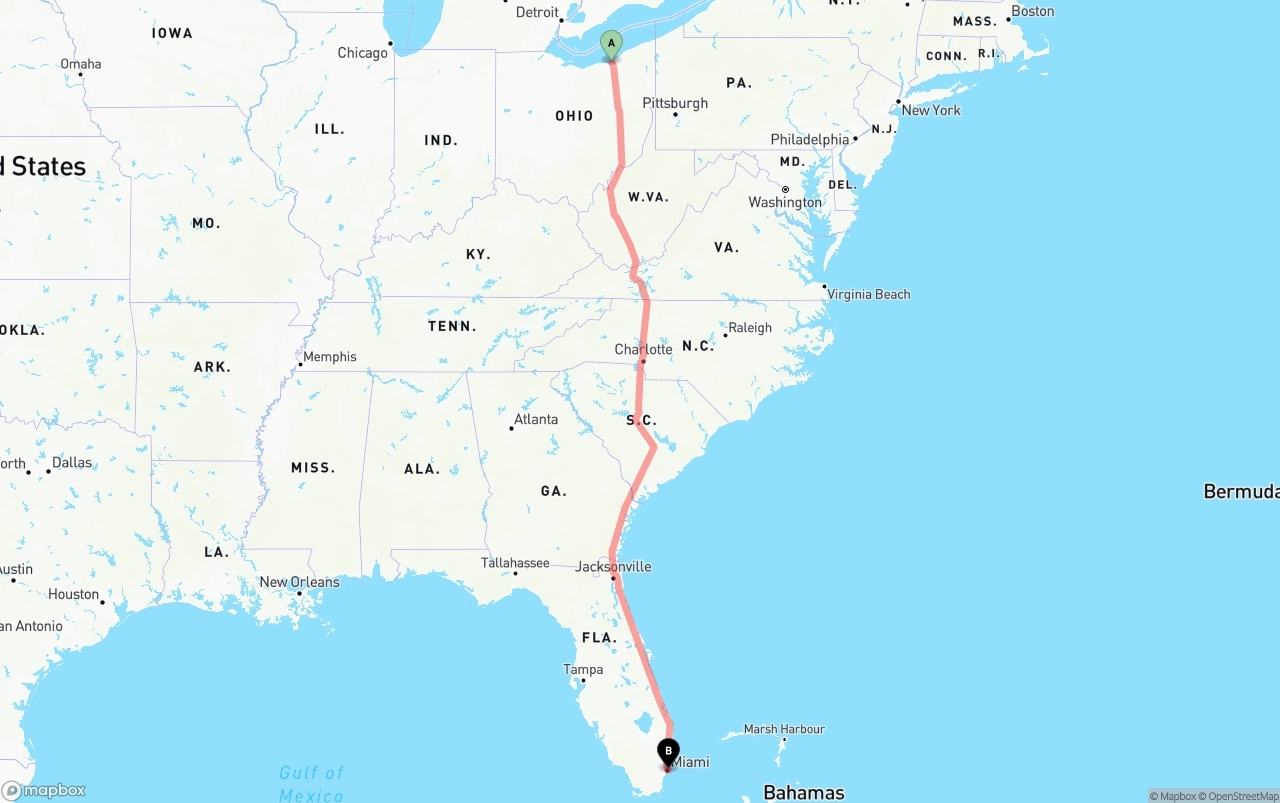 Shipping route from Cleveland to Port of Miami