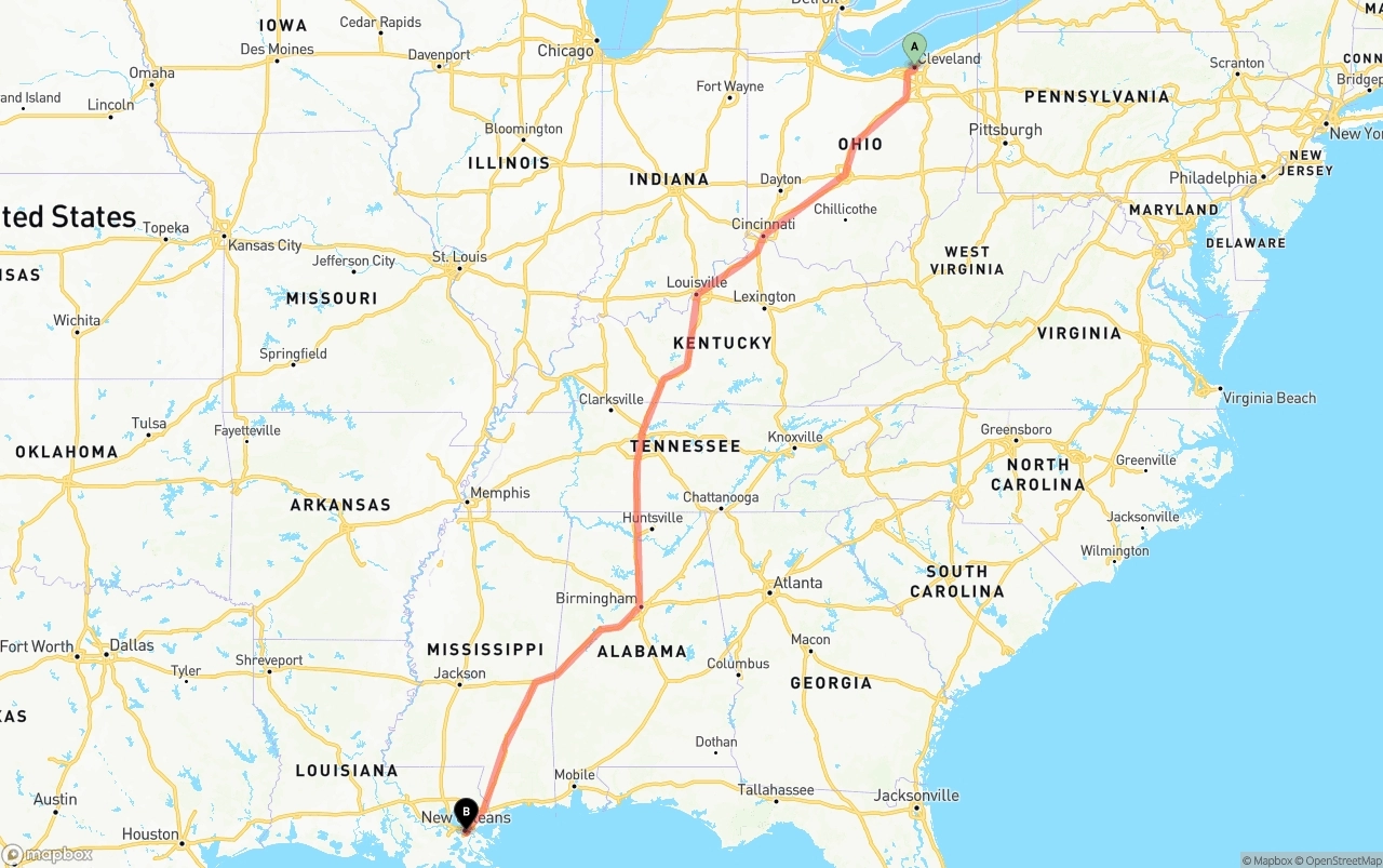 Shipping route from Cleveland to Port of New Orleans