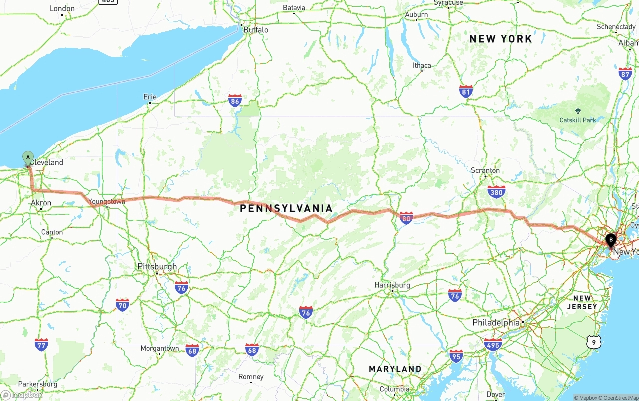 Shipping route from Cleveland to Port of New York