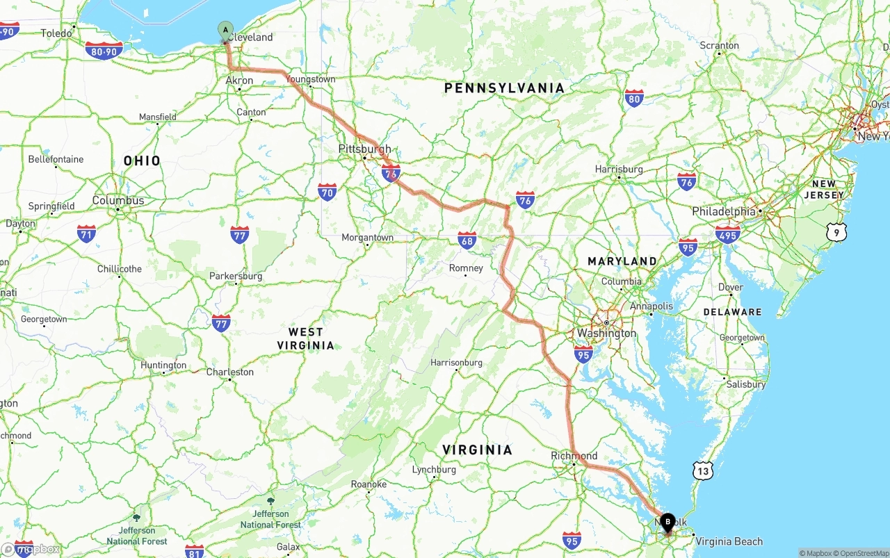 Shipping route from Cleveland to Port of Norfolk