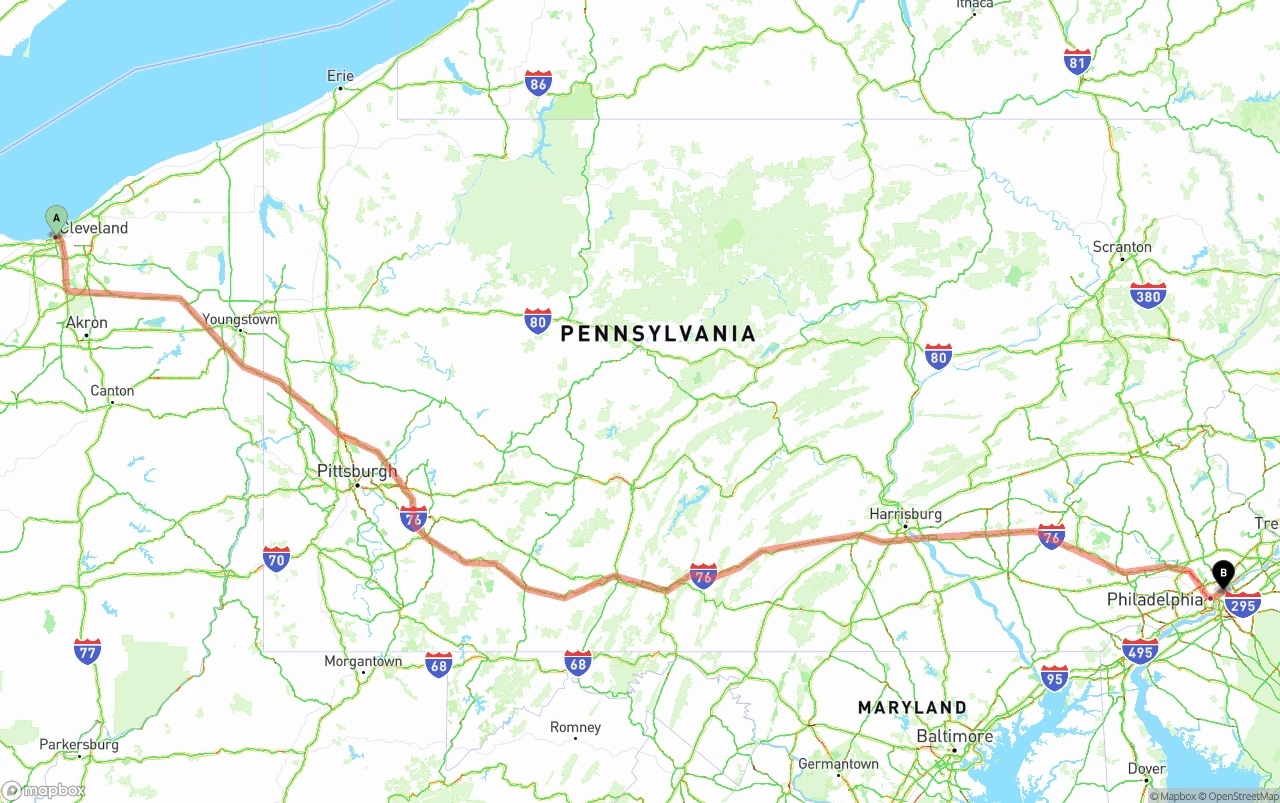 Shipping route from Cleveland to Port of Philadelphia