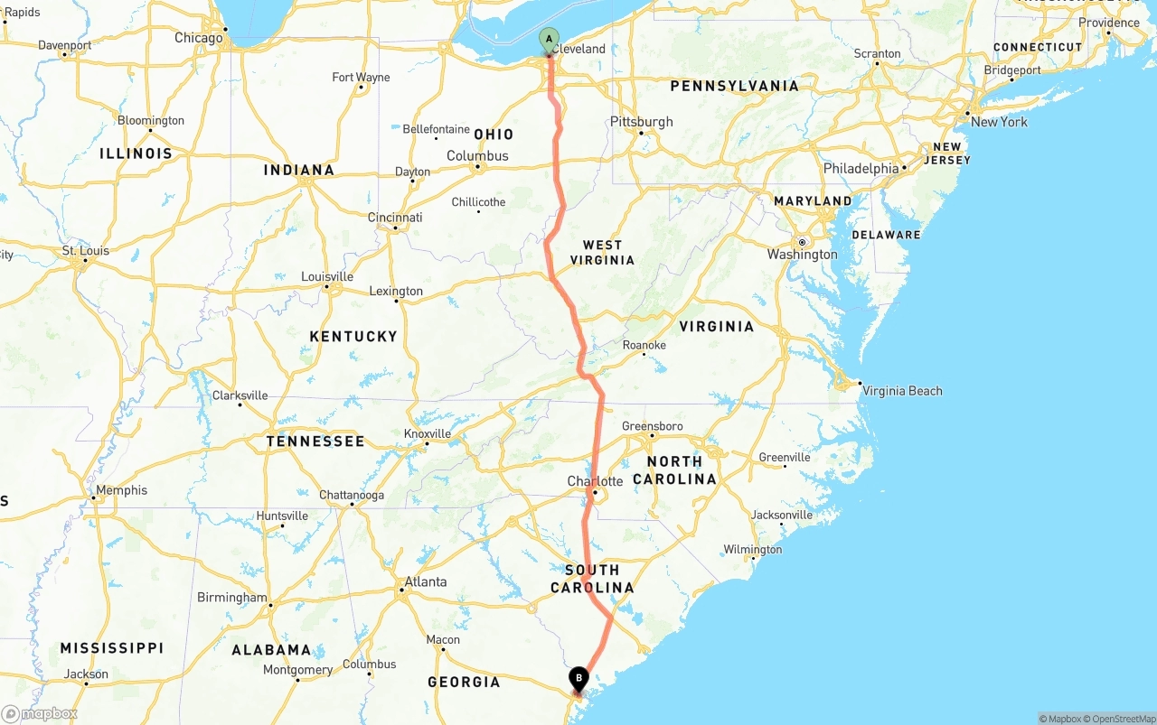 Shipping route from Cleveland to Port of Savannah
