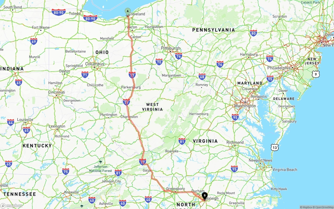 Shipping route from Cleveland to Raleigh