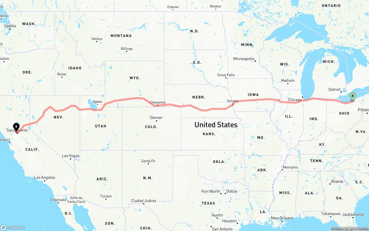 Shipping route from Cleveland to Sacramento International Airport