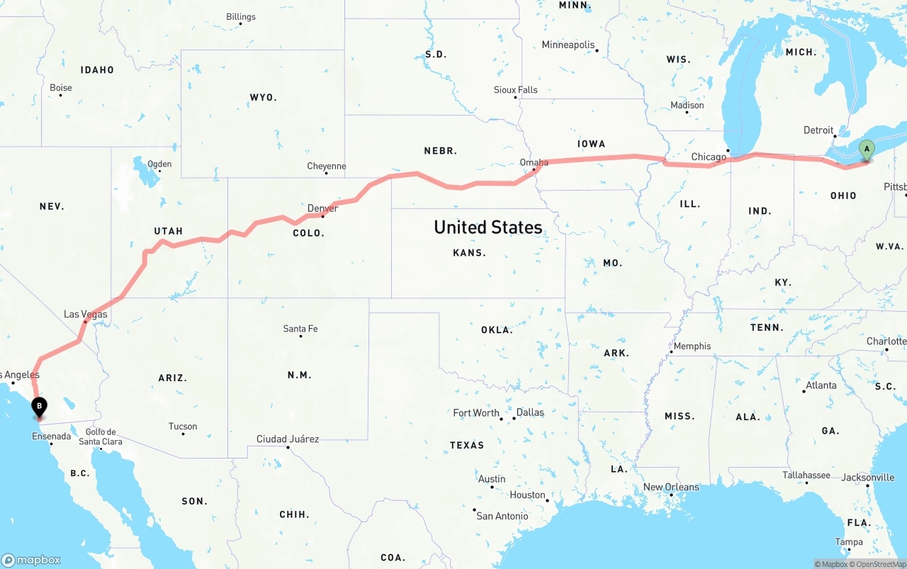 Shipping route from Cleveland to San Diego