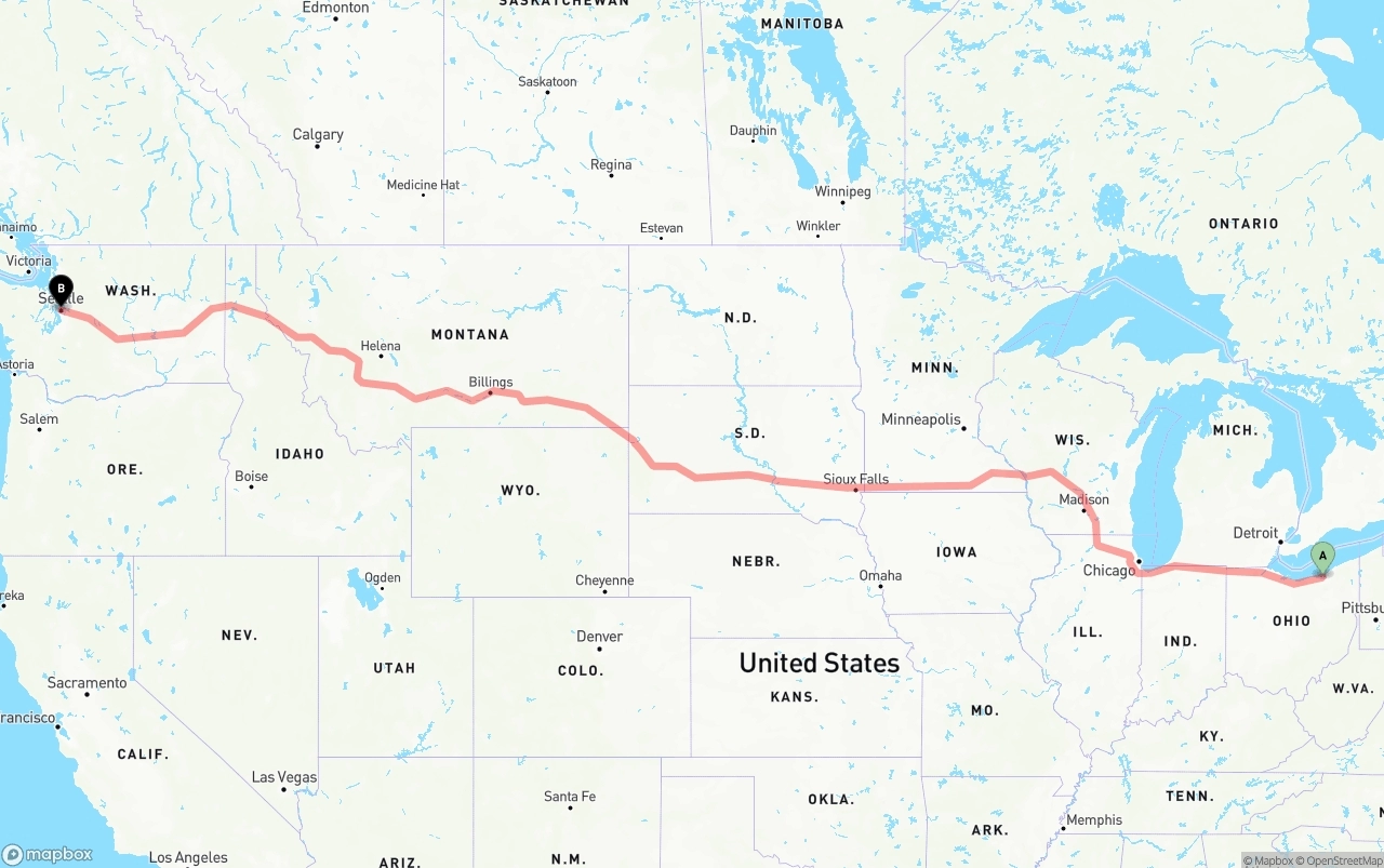 Shipping route from Cleveland to Seattle