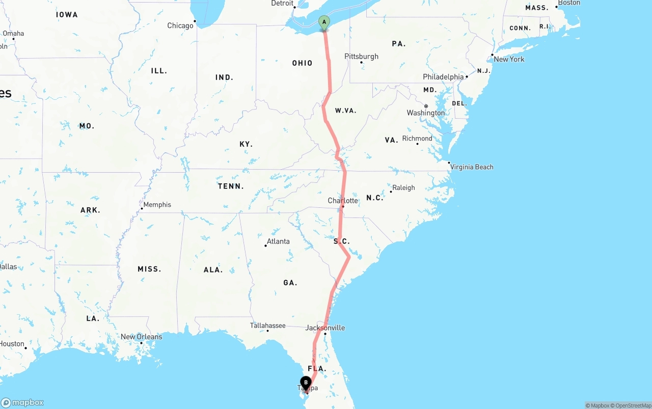 Shipping route from Cleveland to Tampa International Airport