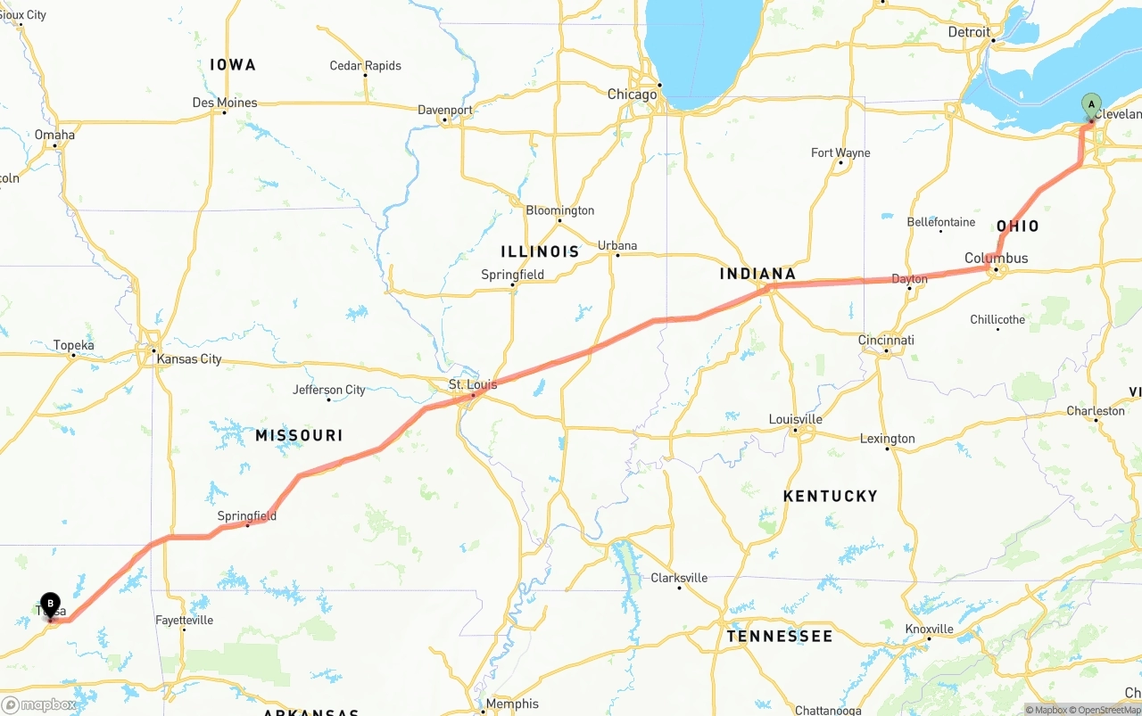Shipping route from Cleveland to Tulsa