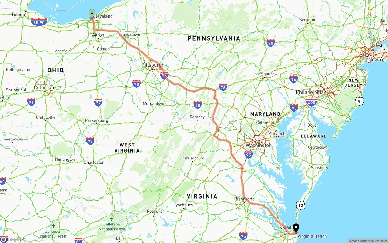 Shipping route from Cleveland to Virginia Beach