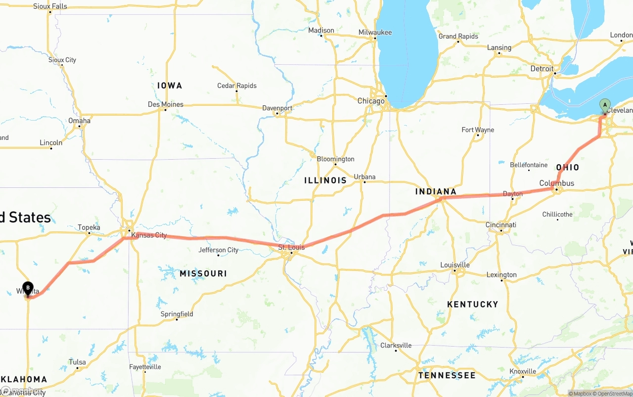 Shipping route from Cleveland to Wichita