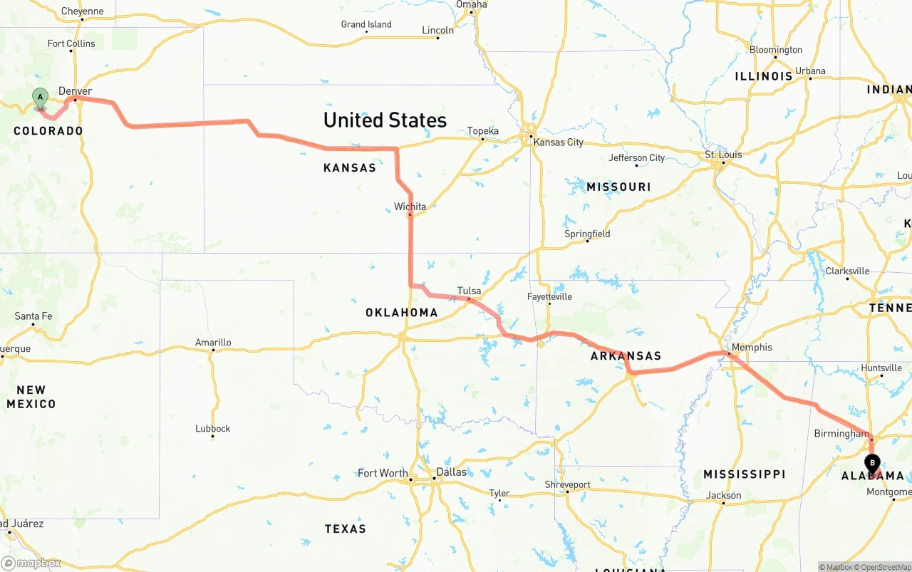Shipping route from Colorado to Alabama