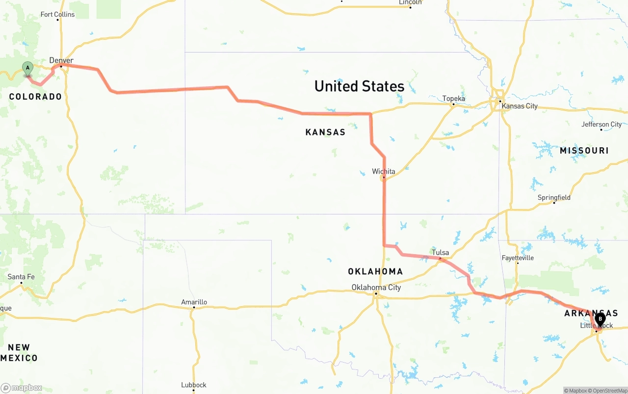 Shipping route from Colorado to Arkansas