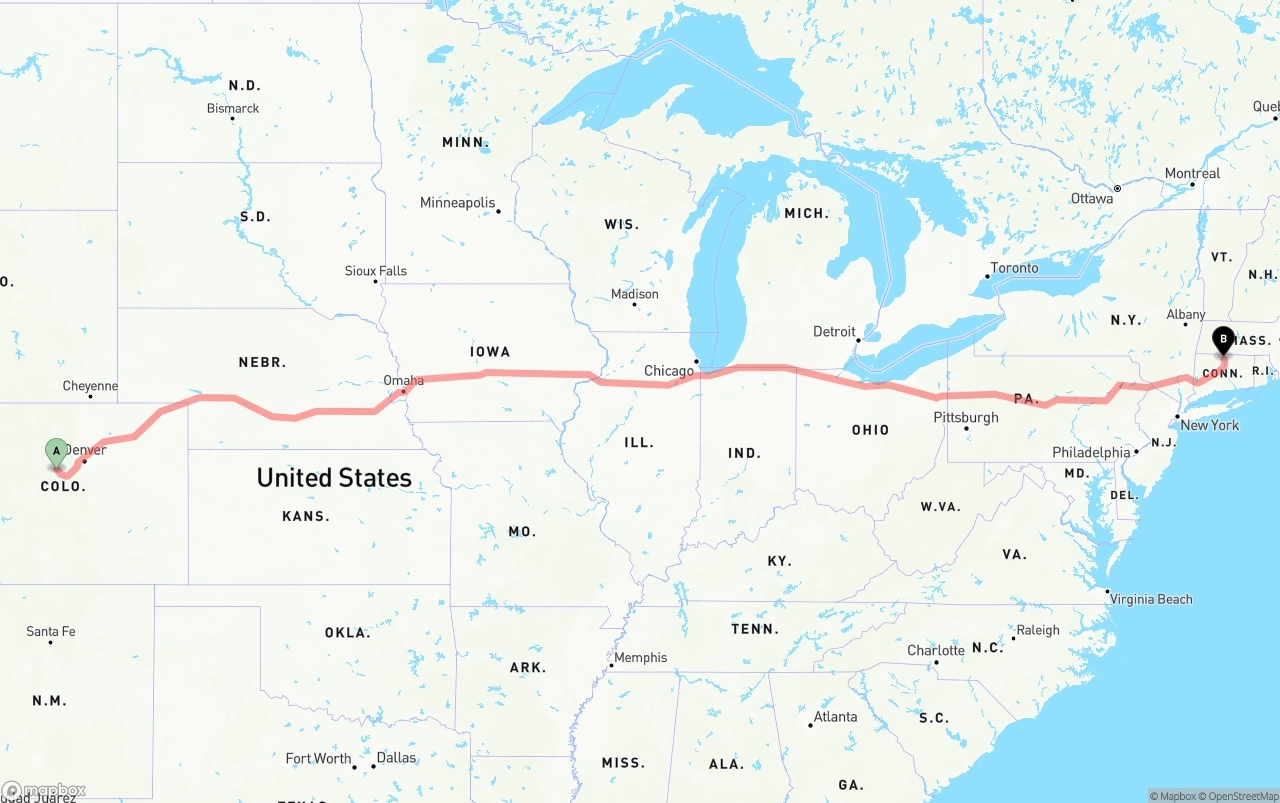 Shipping route from Colorado to Bradley International Airport