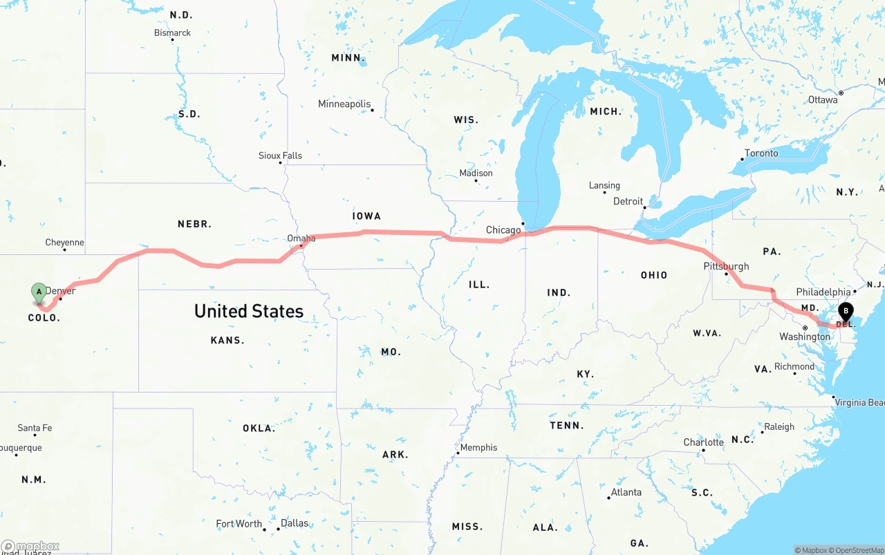 Shipping route from Colorado to Delaware