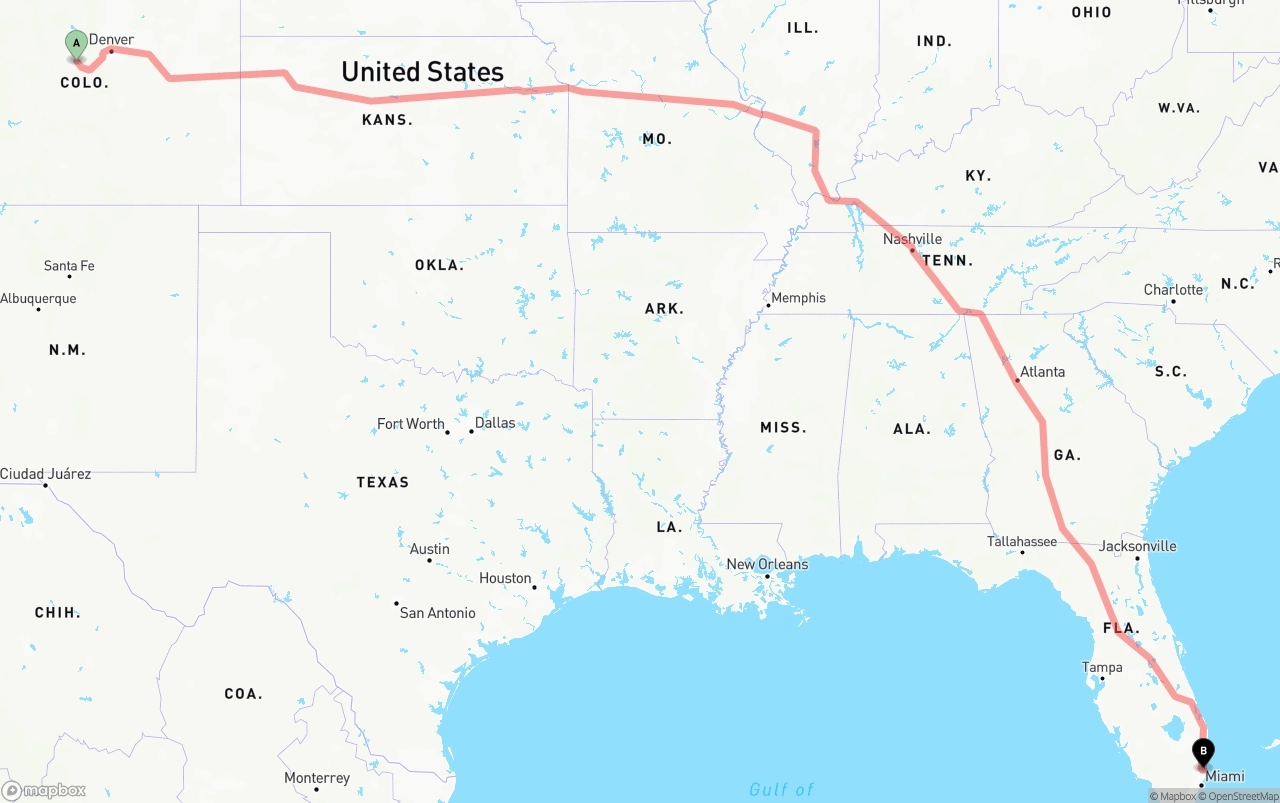 Shipping route from Colorado to Fort Lauderdale-Hollywood International Airport