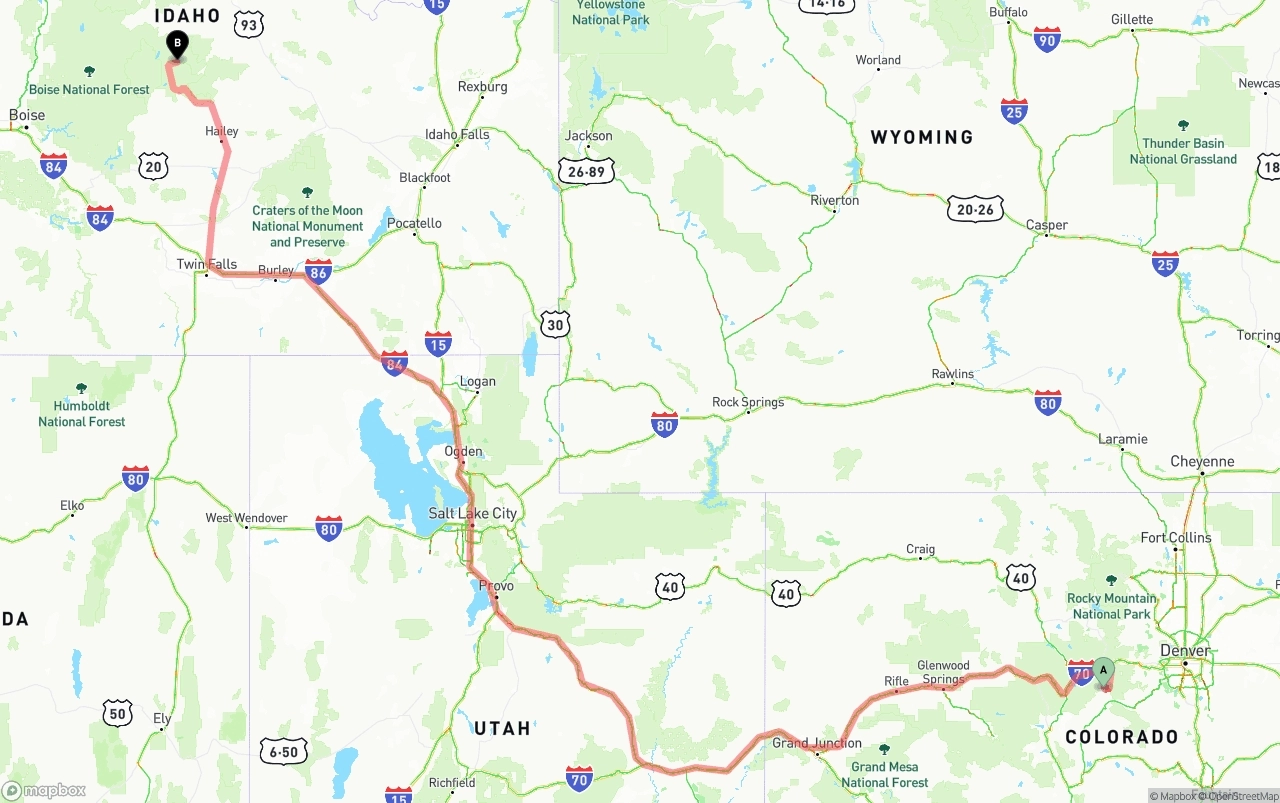 Shipping route from Colorado to Idaho