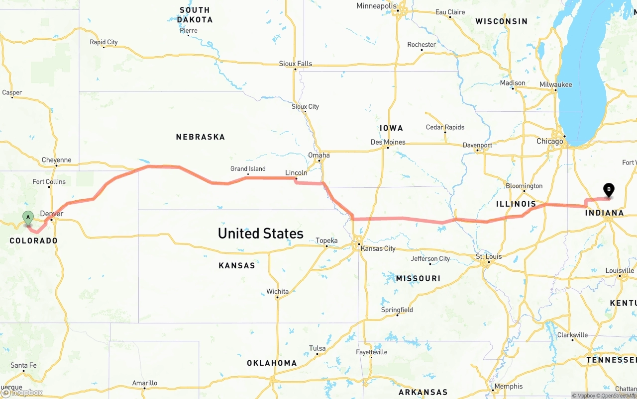 Shipping route from Colorado to Indiana