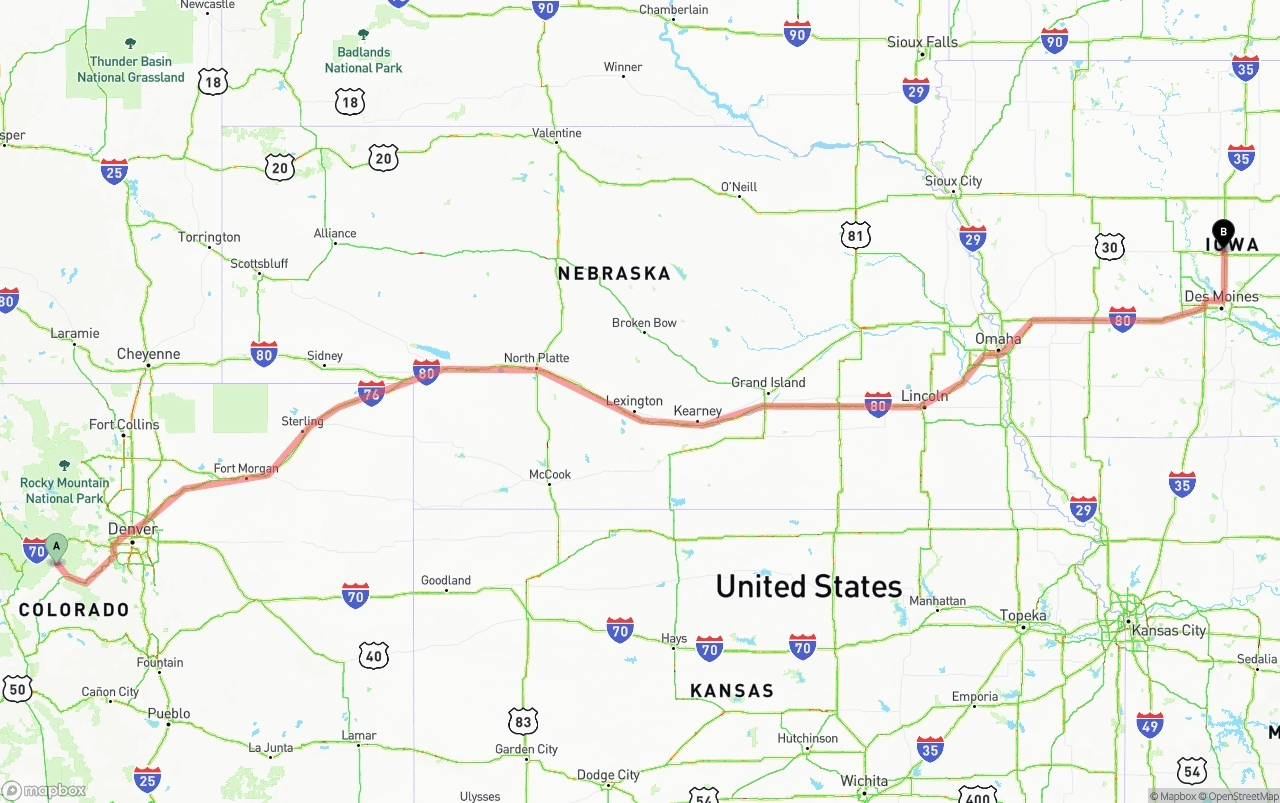 Shipping route from Colorado to Iowa