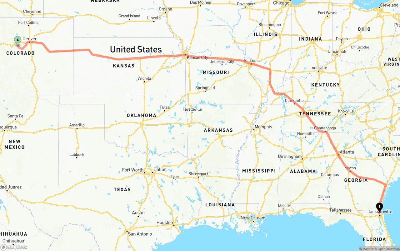 Shipping route from Colorado to Jacksonville International Airport
