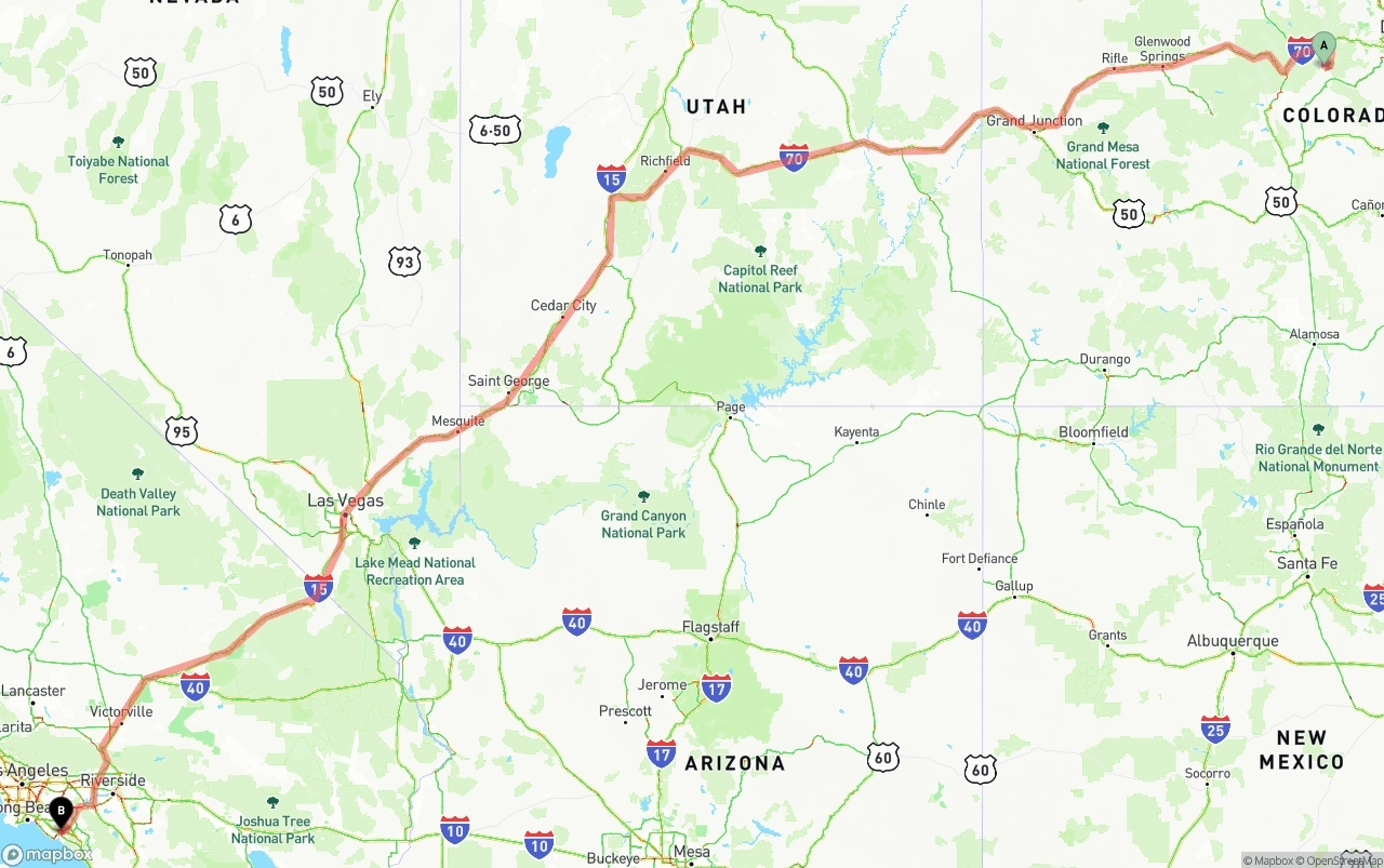 Shipping route from Colorado to John Wayne Airport — Orange County