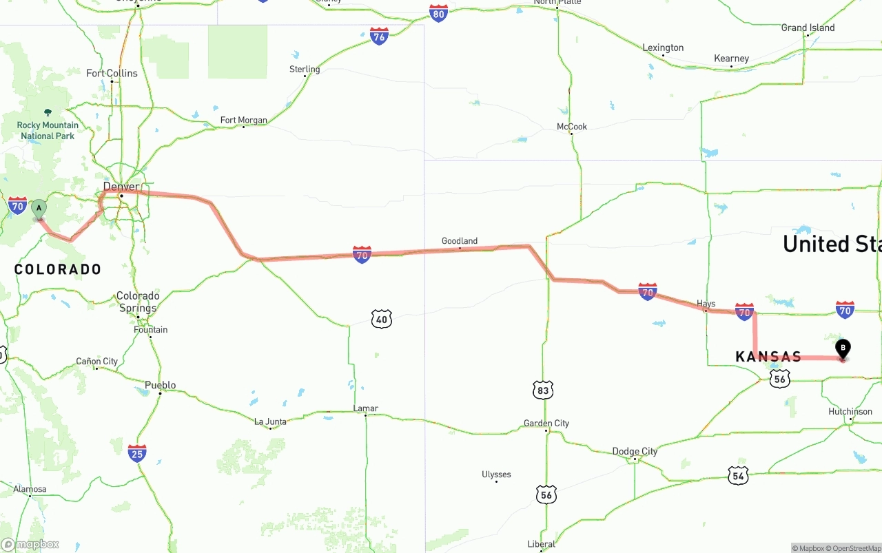 Shipping route from Colorado to Kansas