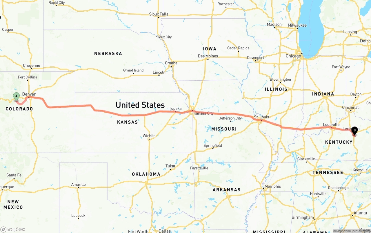 Shipping route from Colorado to Kentucky