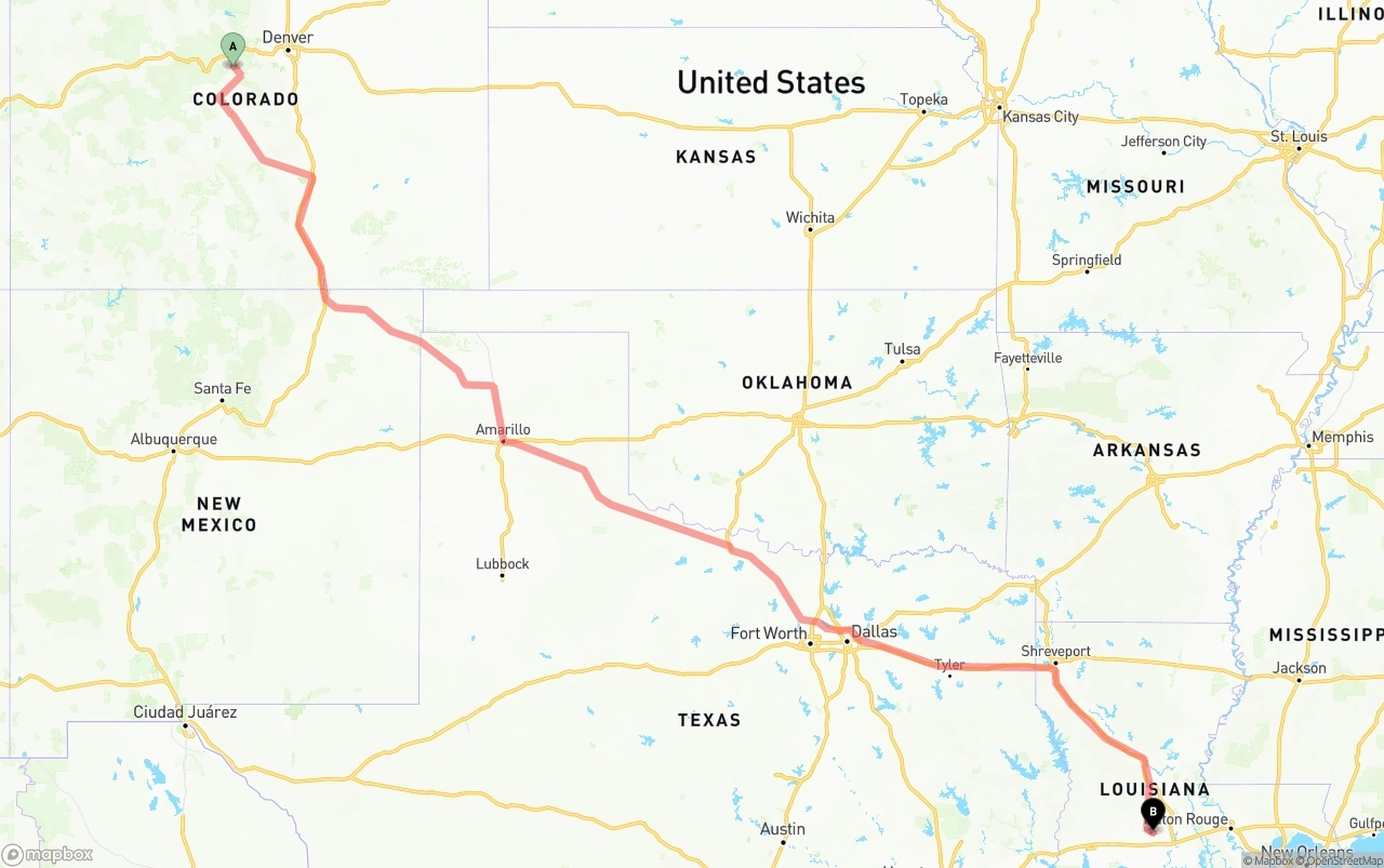 Shipping route from Colorado to Louisiana
