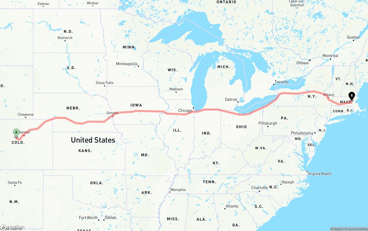 Shipping route from Colorado to Massachusetts