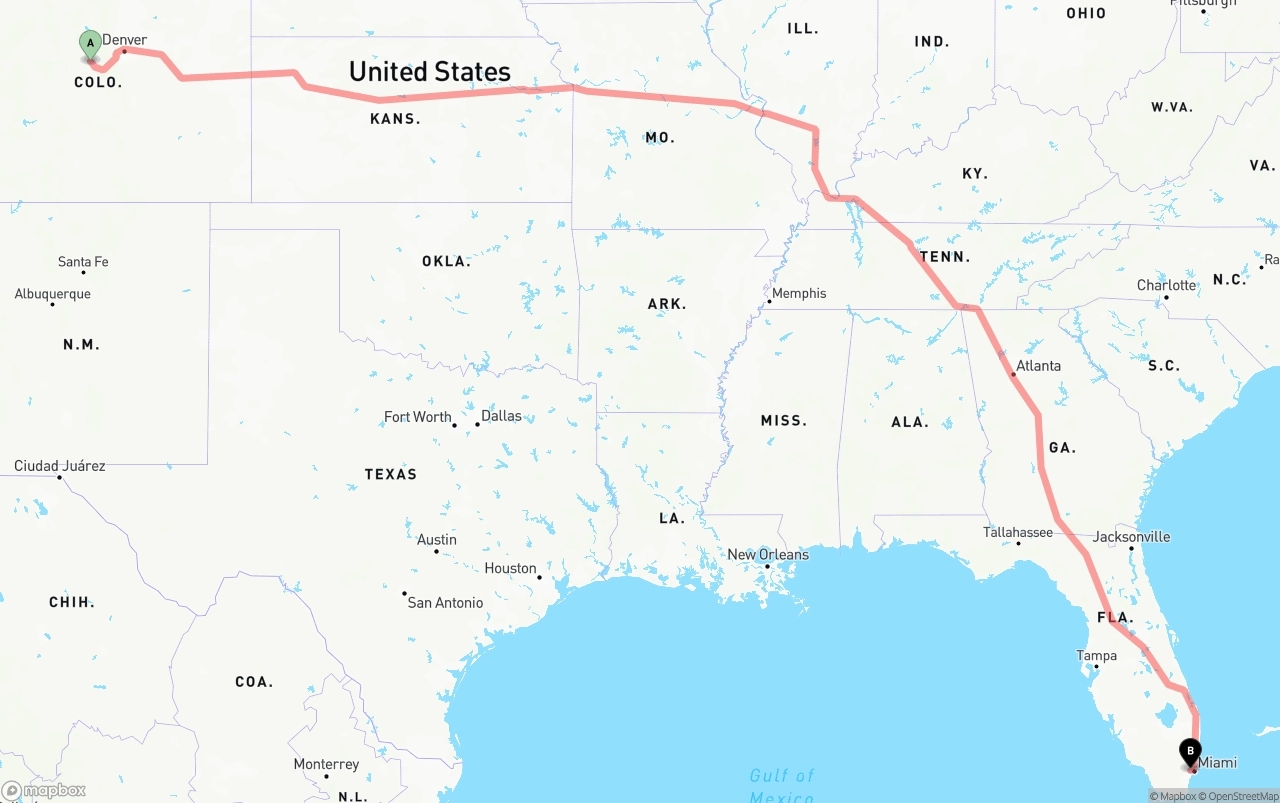 Shipping route from Colorado to Miami International Airport