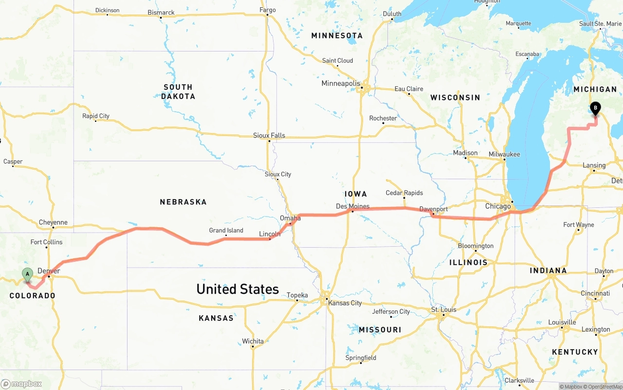 Shipping route from Colorado to Michigan
