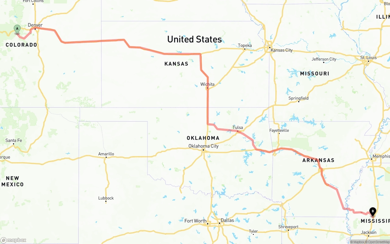 Shipping route from Colorado to Mississippi