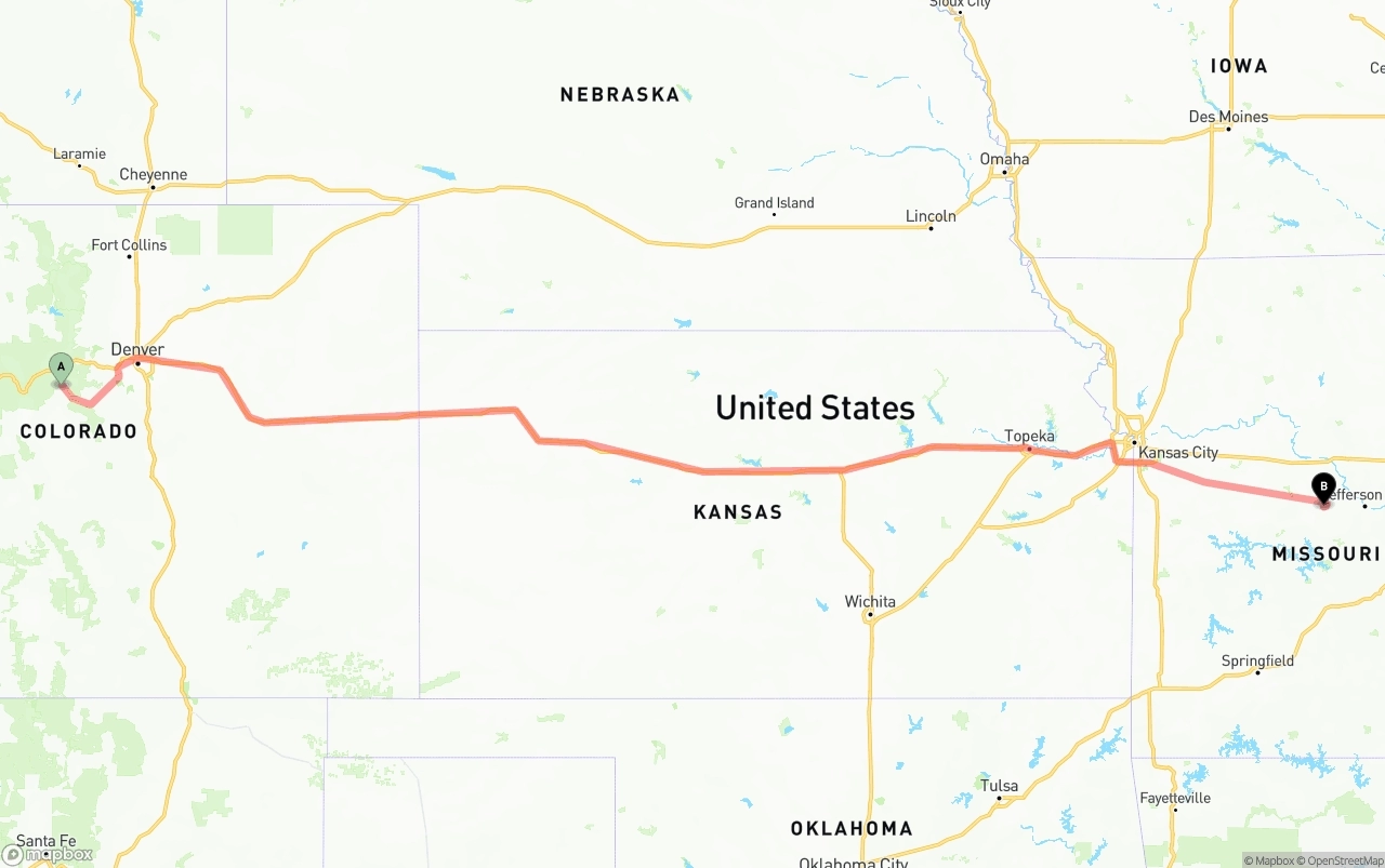 Shipping route from Colorado to Missouri