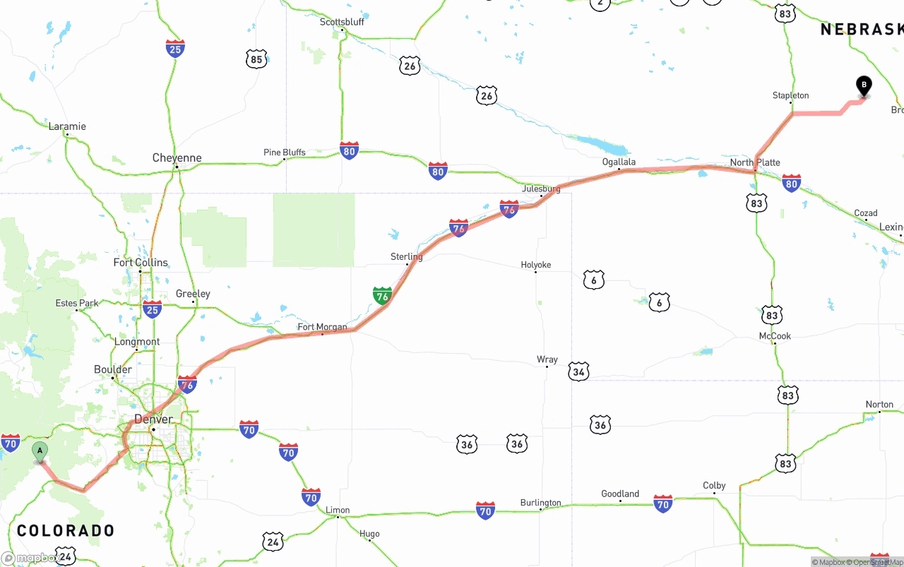 Shipping route from Colorado to Nebraska
