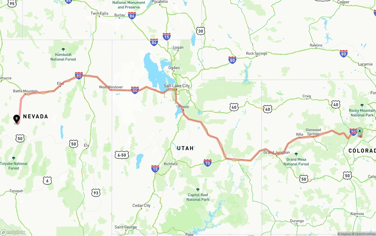 Shipping route from Colorado to Nevada