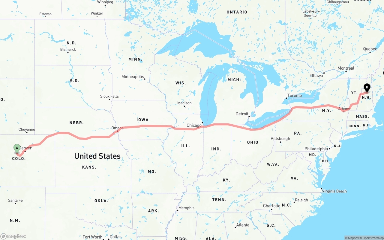 Shipping route from Colorado to New Hampshire