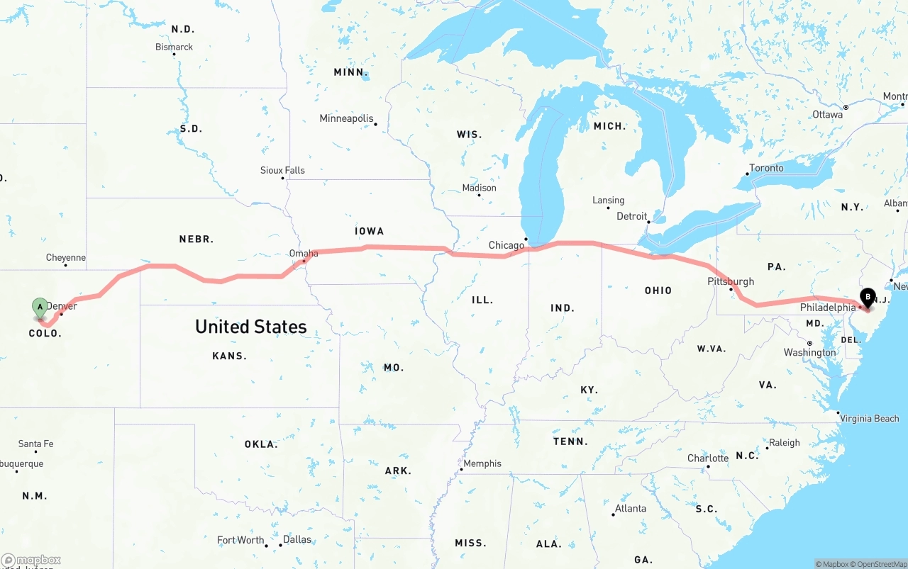Shipping route from Colorado to New Jersey