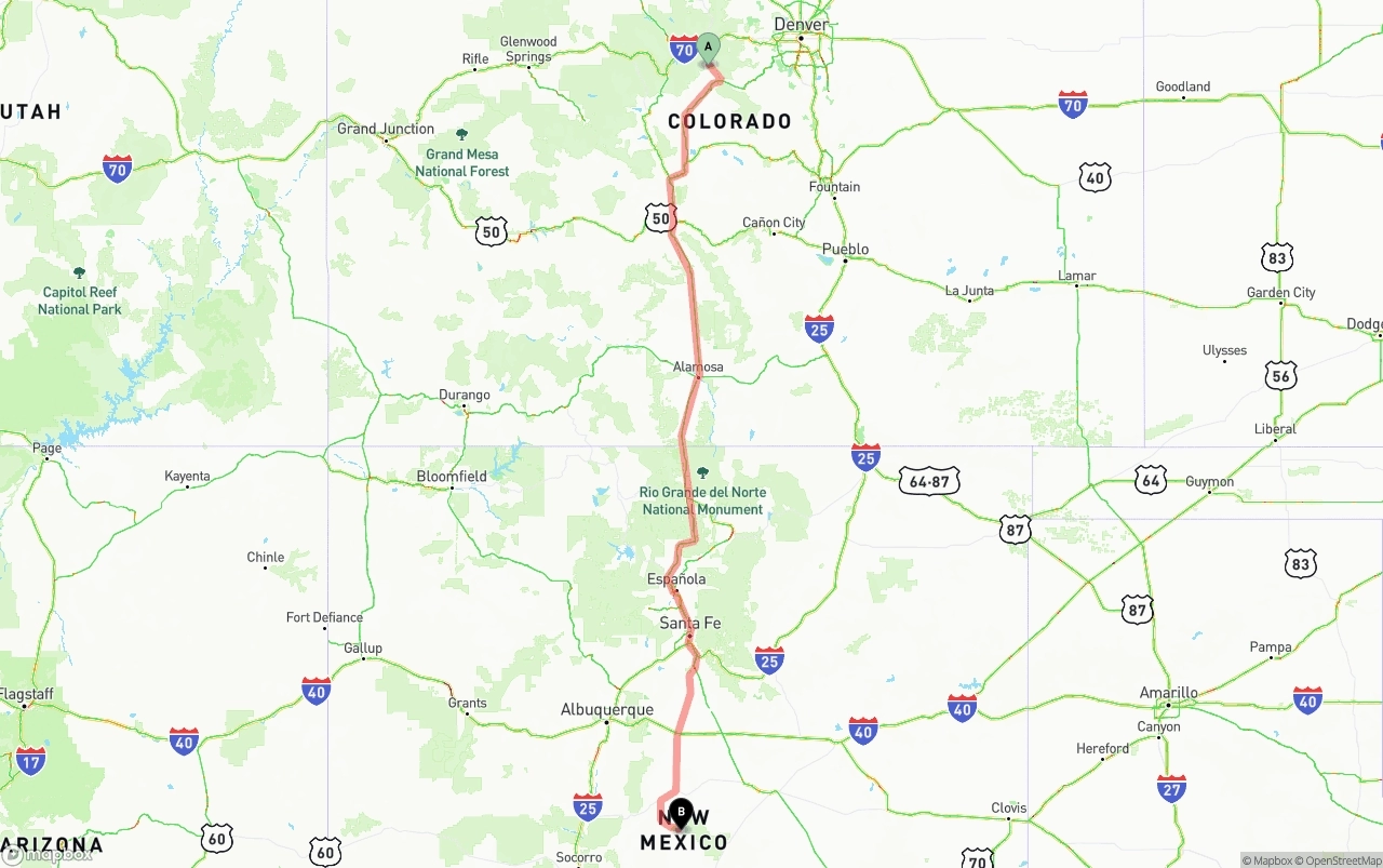 Shipping route from Colorado to New Mexico