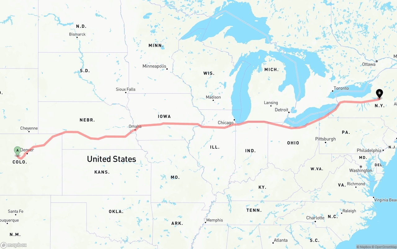 Shipping route from Colorado to New York