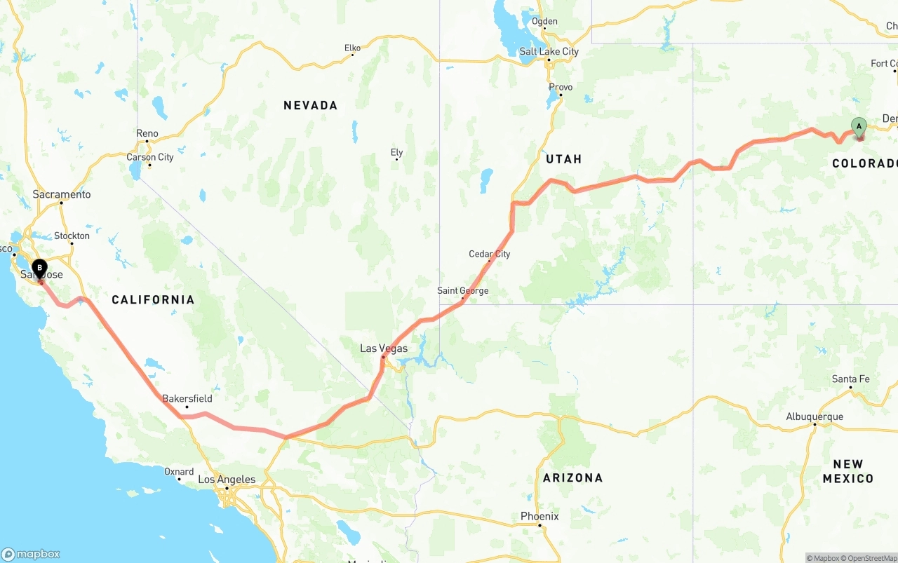 Shipping route from Colorado to Norman Y. Mineta San Jose International Airport