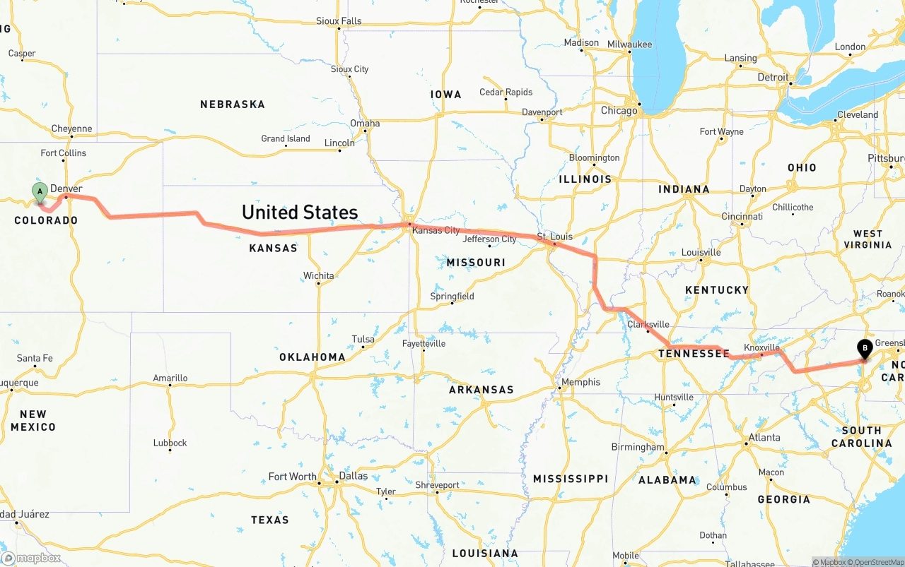Shipping route from Colorado to North Carolina