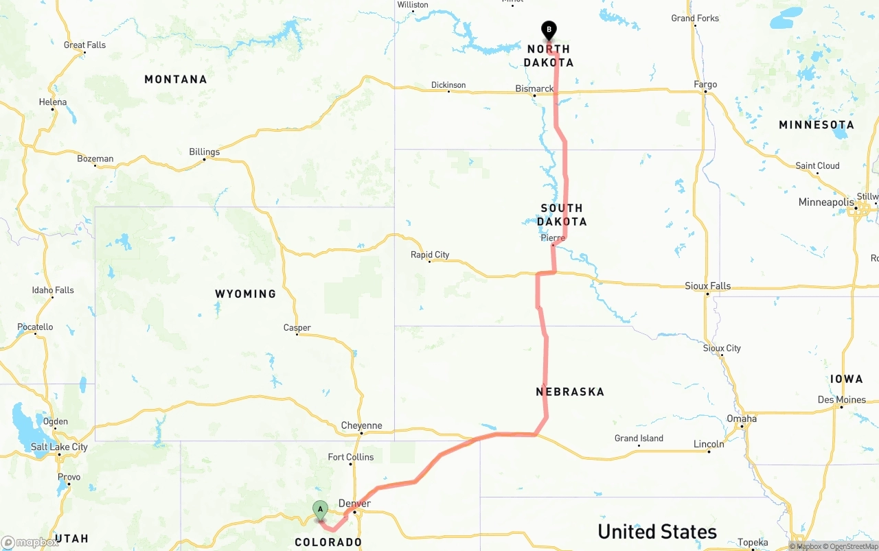 Shipping route from Colorado to North Dakota