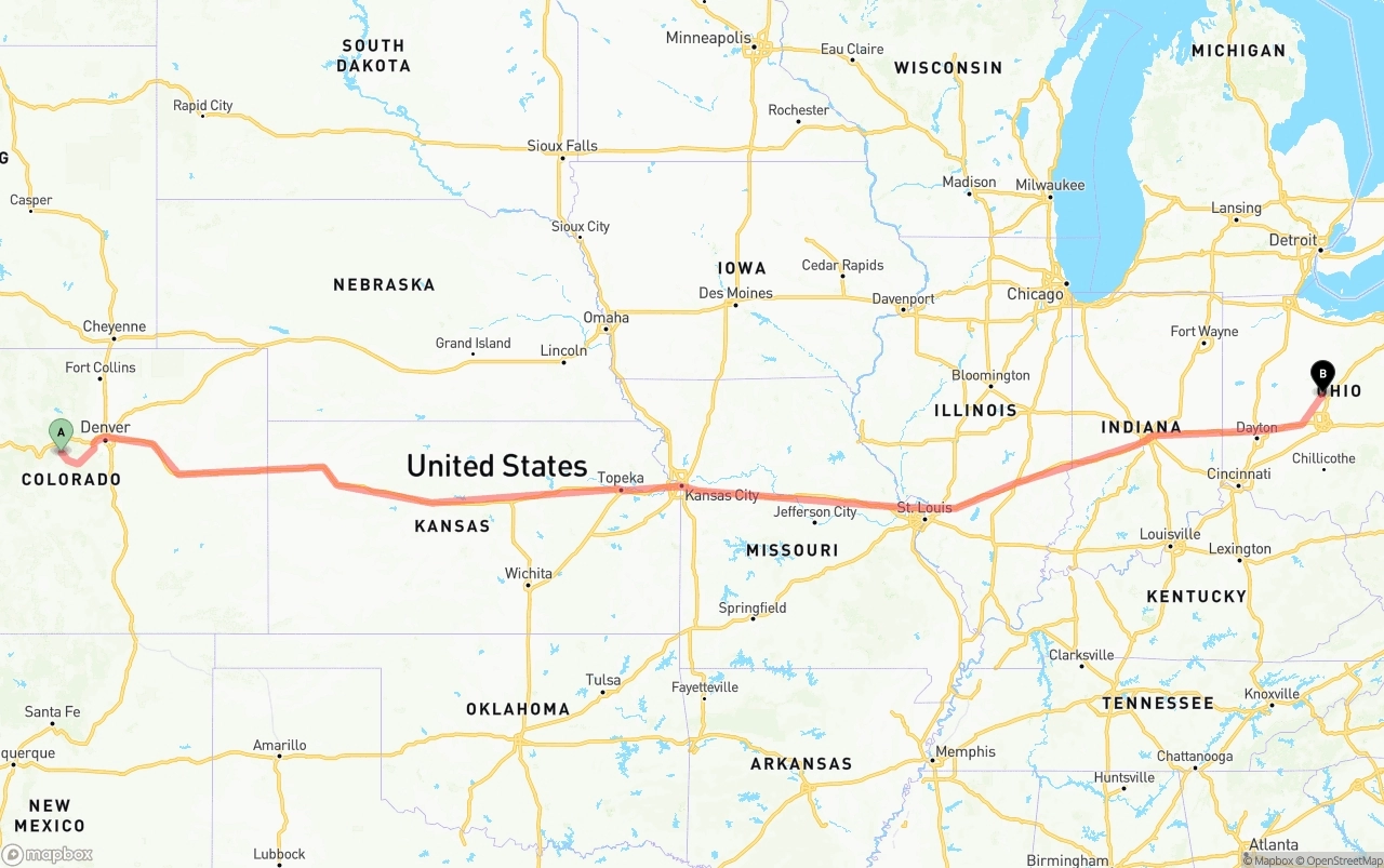 Shipping route from Colorado to Ohio