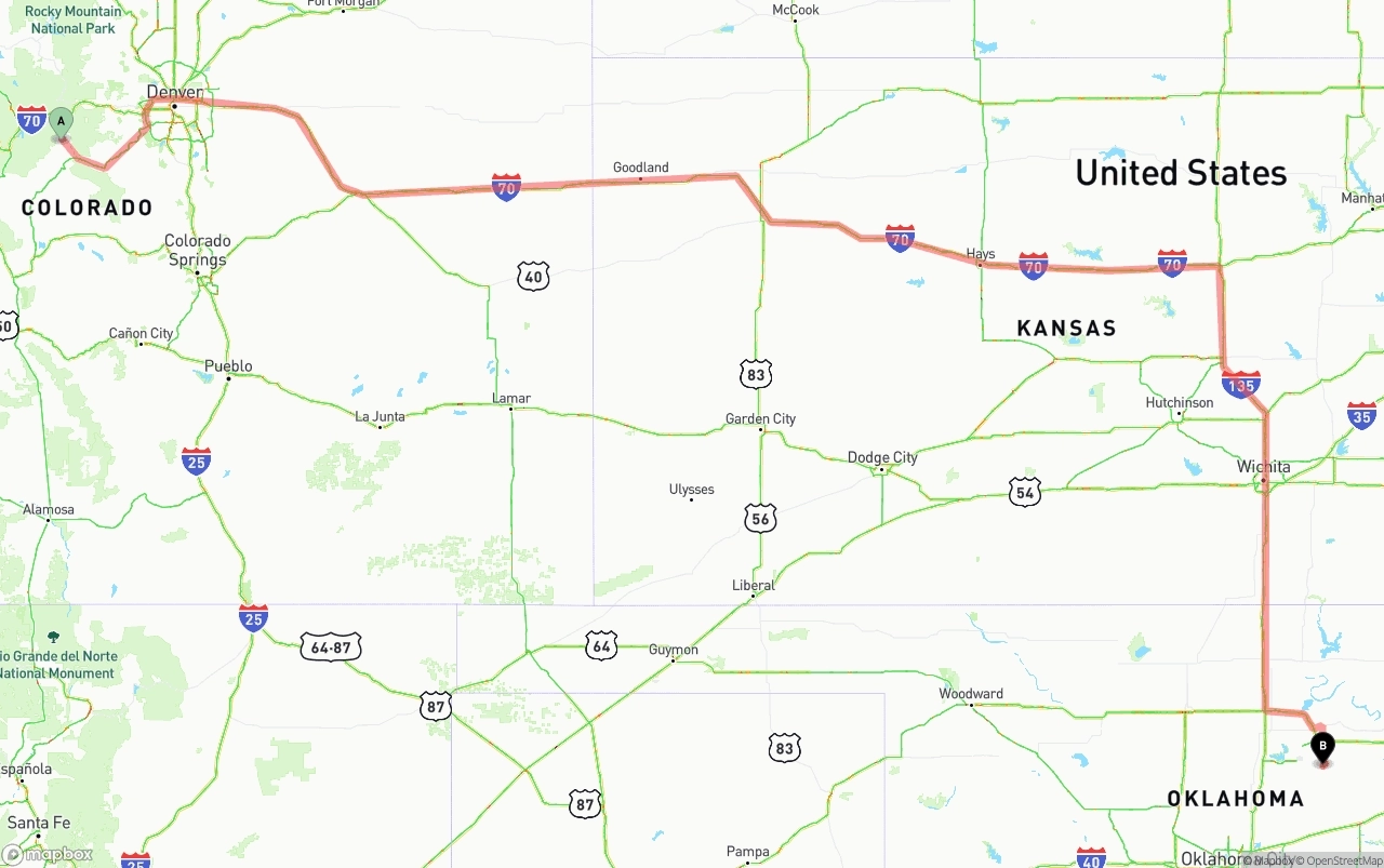 Shipping route from Colorado to Oklahoma