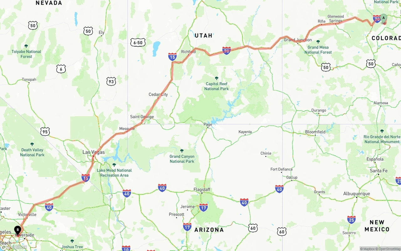 Shipping route from Colorado to Ontario International Airport