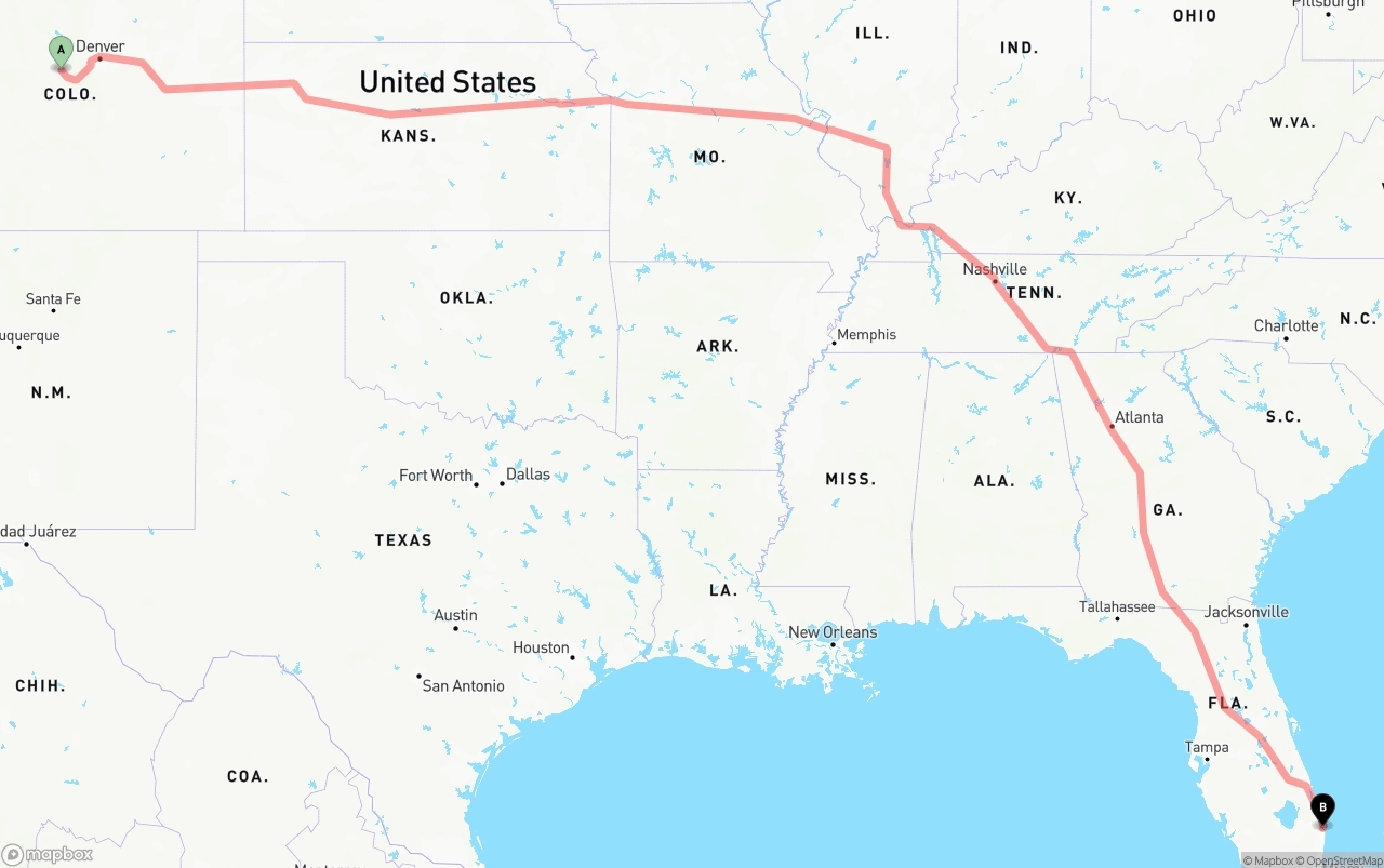 Shipping route from Colorado to Palm Beach International Airport
