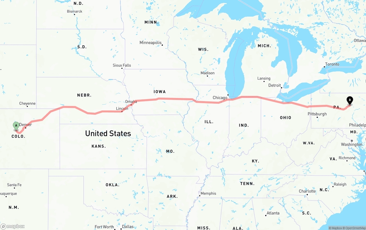 Shipping route from Colorado to Pennsylvania