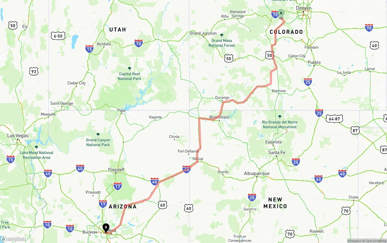 Shipping route from Colorado to Phoenix Sky Harbor International Airport