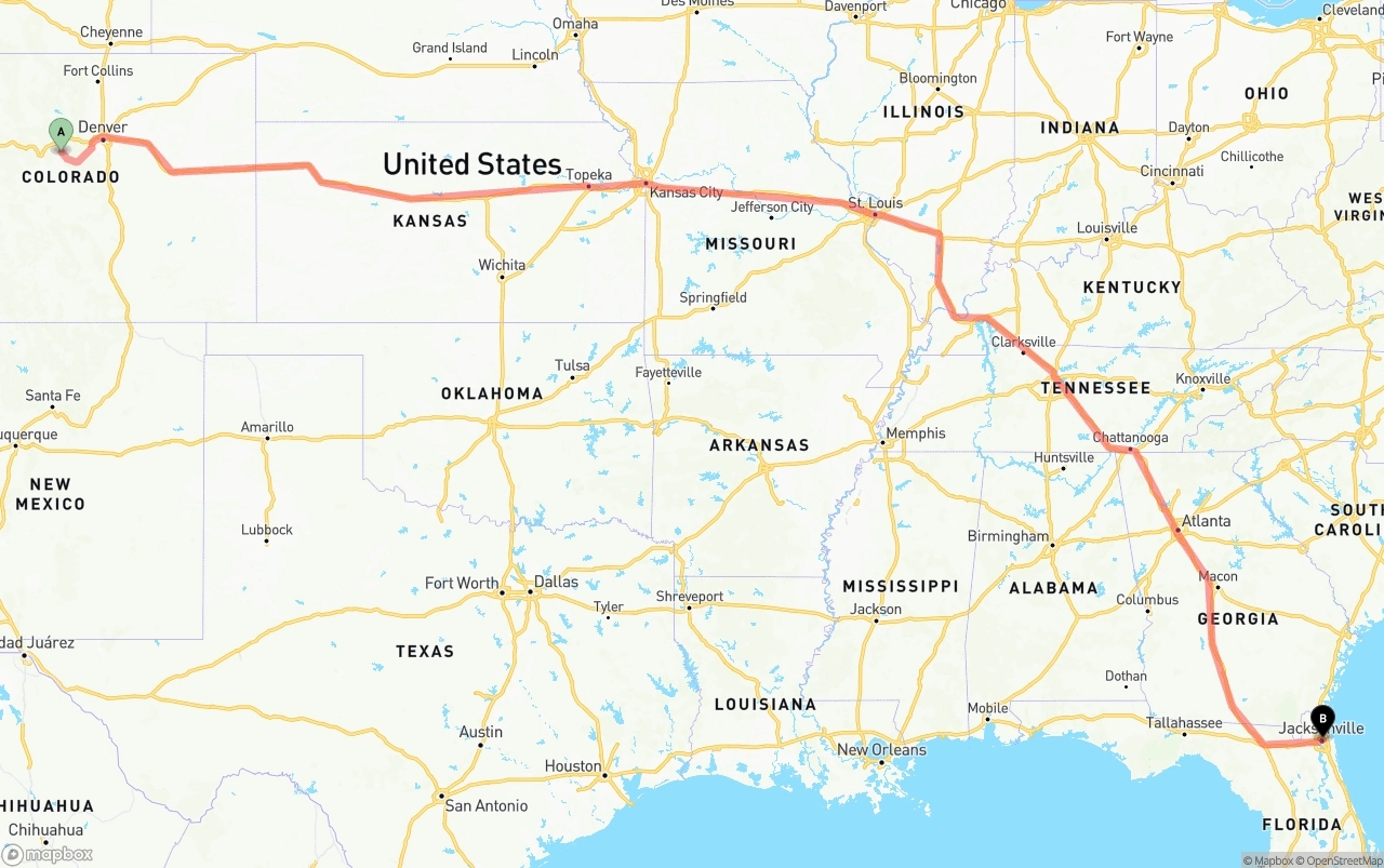 Shipping route from Colorado to Port of Jacksonville